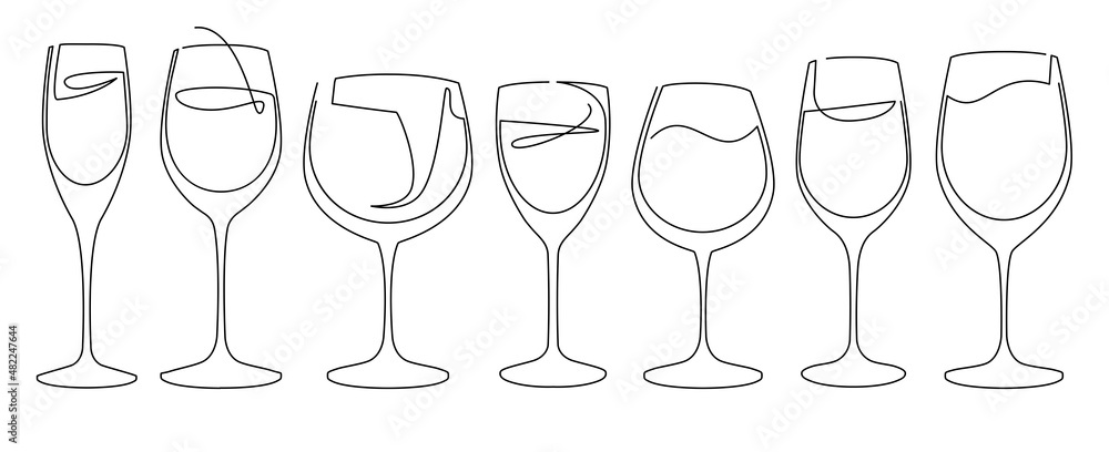 Fototapeta premium Set of glass goblets for wine and drinks. Continuous line drawing. Isolated on white background illustration.