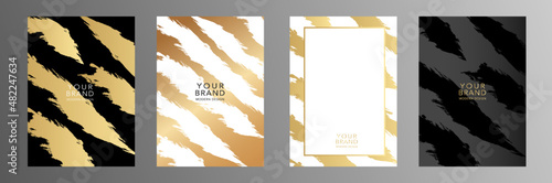 Modern cover design set. Creative art pattern with gold brush stroke, paint strip on background. Luxury artistic vector collection for grunge catalog, notebook, flyer, poster, invite, card