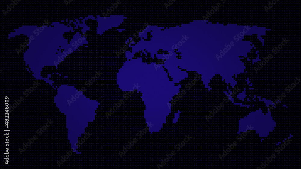 Fototapeta premium Blue world map on a dark blue dotted background. Abstract world map in 4k resolution.