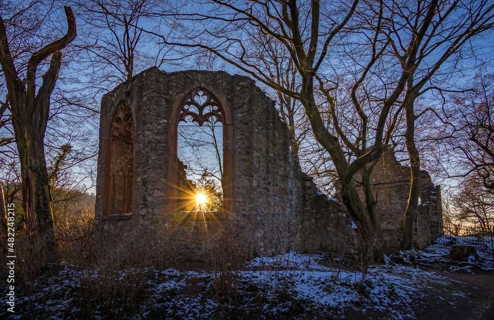 HDR of sunset in winter at the ruin of monastery Heiligenberg,  Odenwald, Seeheim-Jugenheim