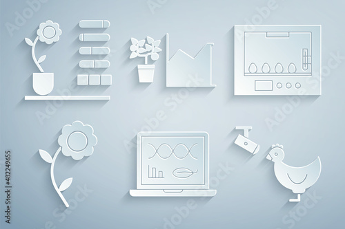 Set Genetic engineering modification, Incubator for eggs, Flower, Chicken farm and camera, statistics and status icon. Vector