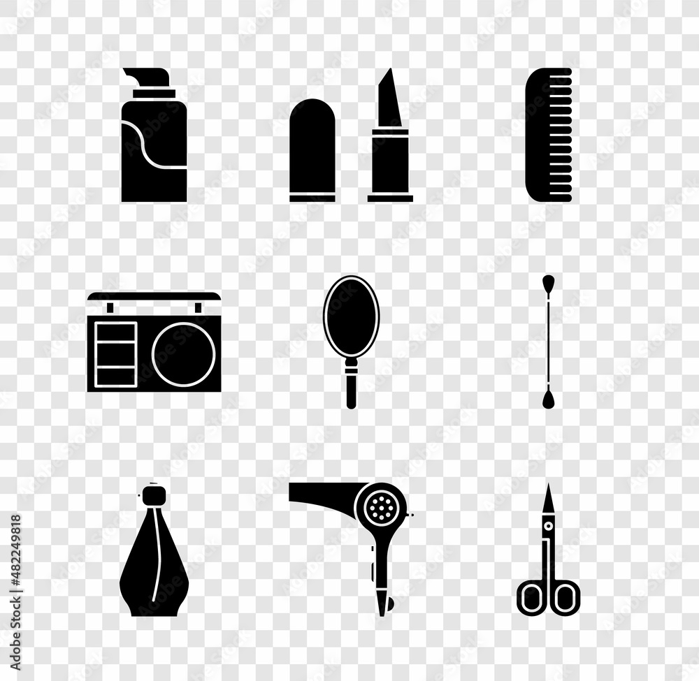 Set Cream cosmetic tube, Lipstick, Hairbrush, Perfume, dryer, Scissors, Eye shadow palette and Hand mirror icon. Vector Set Cream cosmetic tube, Lipstick, Hairbrush, Perfume, dryer, Scissors, Eye shadow palette and Hand mirror icon. Vector