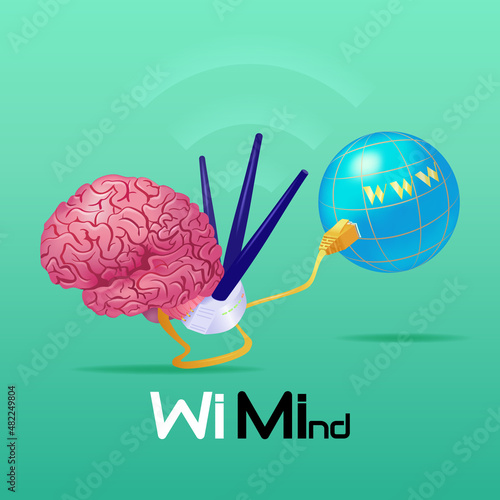 Brainwash WIMInd. The human brain connected to the World Wide Web with a cable relays the downloaded information. WiMind technology  Brainwashing or mind control illustration.