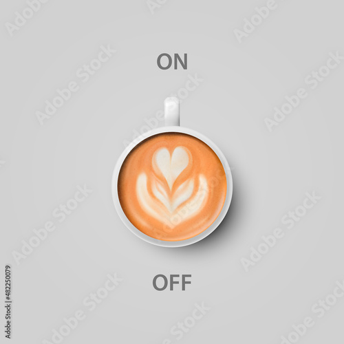 Vector 3d Realistic Off, On Switch with Coffee in White Ceramic, Porcelain Coffee Mug on Whitek. Latte, Capuccino. Coffee Cup Icon. Concept Creative Banner with Coffee Cup. Design Template. Top View