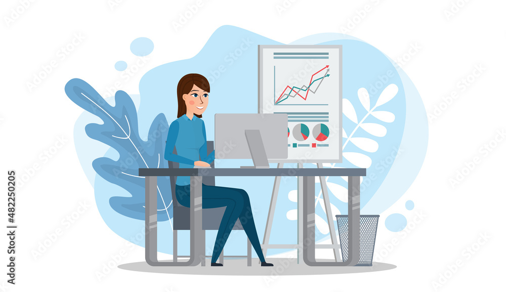 Fototapeta premium Office worker. A business woman sits at a table and works on a computer. Flat vector concept illustration isolated on white.
