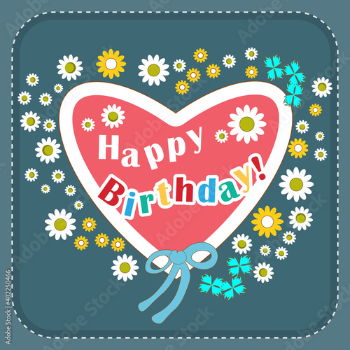 Greeting card - Happy Birthday! A large stylized heart with flowers and an inscription on a blue background. Vector illustration