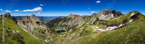 Panoramic view of the Allgäu alps, Germany, with lakes and Nebelhorn mountain.