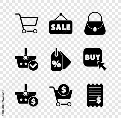 Set Shopping cart, Hanging sign with Sale, Handbag, basket dollar, Paper check financial check, mark and Discount percent tag icon. Vector