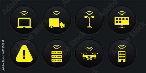 Set Exclamation mark in triangle, Smart Tv system, server, drone, street light, truck, home with wireless and Wireless laptop icon. Vector