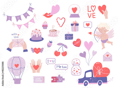 Valentine’s Day element set of cute elements. Perfect for greeting card, party invitation, gift tags. Hand drawn vector illustration.