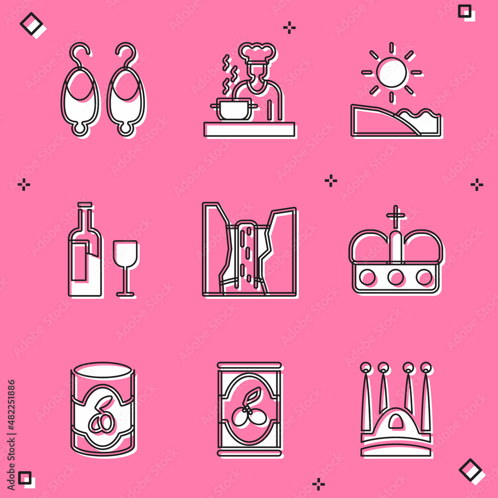 Set Earrings, Spanish cook, Beach, Wine bottle with glass, Algar waterfall, Crown of spain, Olives can and icon. Vector Set Earrings, Spanish cook, Beach, Wine bottle with glass, Algar waterfall, Crown of spain, Olives can and icon. Vector