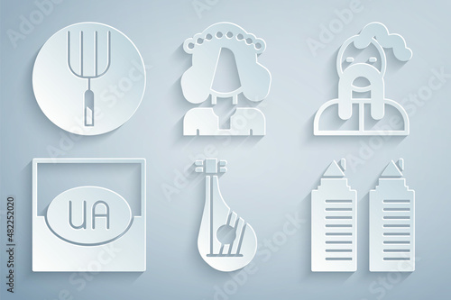 Set Bandura, Ukrainian cossack, Flag of Ukraine, Two towers Dnipro, woman and Garden pitchfork icon. Vector