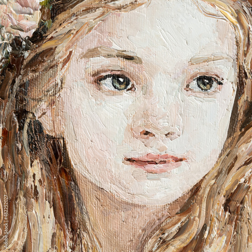 Portrait of a young girl with a wreath of flowers in her hair, oil painting on canvas.