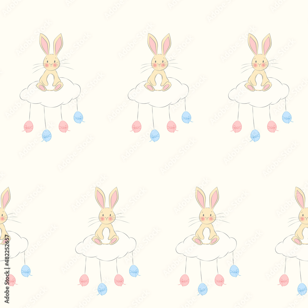 Fototapeta premium Cute Easter Bunny on a Cloud Seamless Pattern