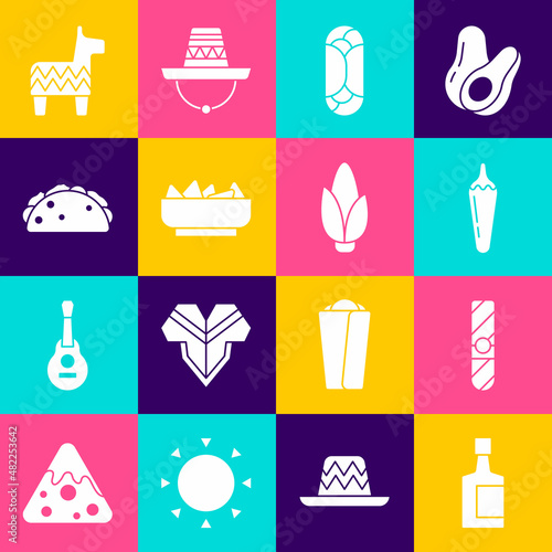 Set Tequila bottle, Cigar, Hot chili pepper pod, Burrito, Nachos in bowl, Taco with tortilla, Pinata and Corn icon. Vector