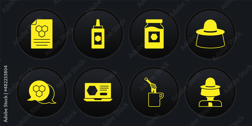 Set Honeycomb, Beekeeper with protect hat, online service, dipper stick honey, Jar of, and icon. Vector Set Honeycomb, Beekeeper with protect hat, online service, dipper stick honey, Jar of, and icon. Vector