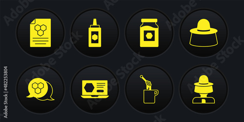 Set Honeycomb, Beekeeper with protect hat, online service, dipper stick honey, Jar of, and icon. Vector