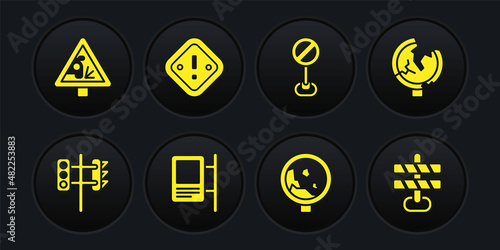 Set Traffic light, Road traffic sign, warning rockfall, Stop, Exclamation mark triangle, barrier and Warning road icon. Vector