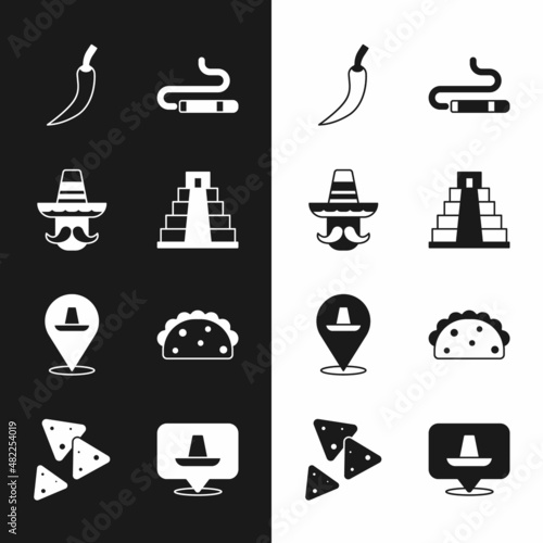 Set Chichen Itza in Mayan, Mexican man sombrero, Hot chili pepper pod, Cigar, Taco with tortilla, and Nachos icon. Vector