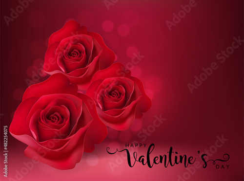 Valentine's day greeting card templates with realistic of beautiful rose and heart on background color.