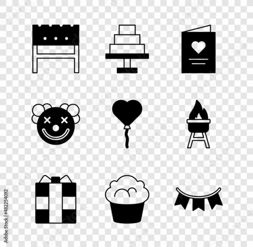 Set BBQ brazier, Cake, Postcard with heart, Gift box, Muffin, Carnival garland flags, Clown head and Balloons form of icon. Vector