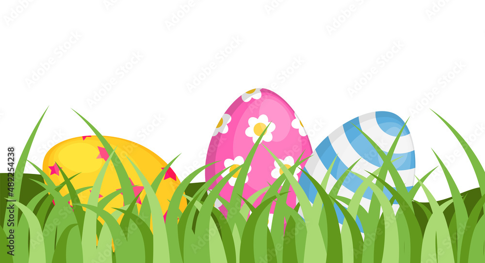 Easter eggs in the grass. Color egg set with different textures, patterns and colors. Spring holiday. Vector illustration isolated on white background.	