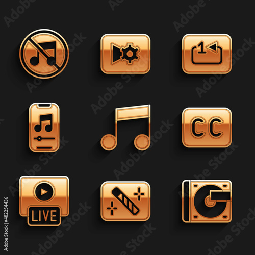 Set Music note, tone, Photo retouching, Vinyl player with vinyl disk, Subtitles, Live stream, Repeat track music and Speaker mute icon. Vector