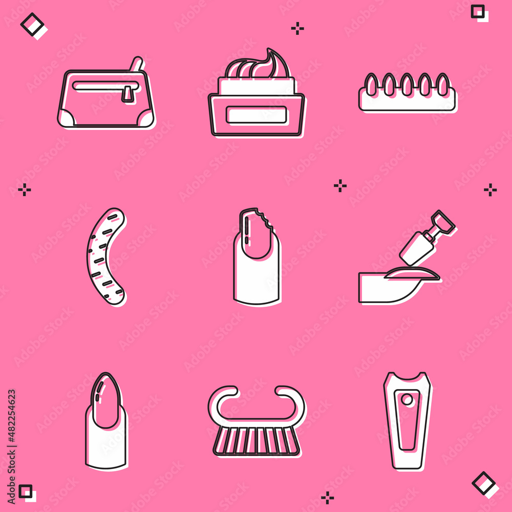 Set Cosmetic bag, Bottle of nail polish, False nails, Nail file, Broken, Milling cutter for manicure, and Pedicure brush grater icon. Vector Set Cosmetic bag, Bottle of nail polish, False nails, Nail file, Broken, Milling cutter for manicure, and Pedicure brush grater icon. Vector