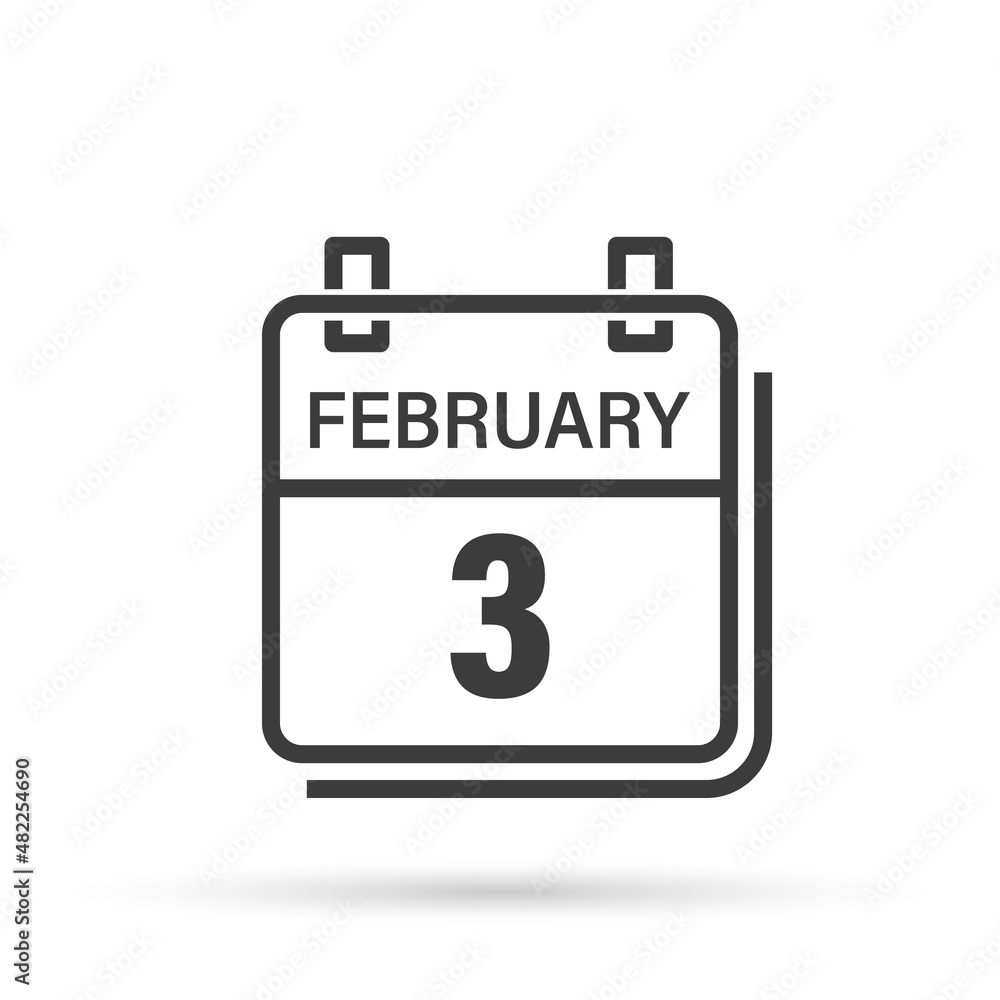 February 3, Calendar icon with shadow. Day, month. Flat vector illustration. February 3, Calendar icon with shadow. Day, month. Flat vector illustration.