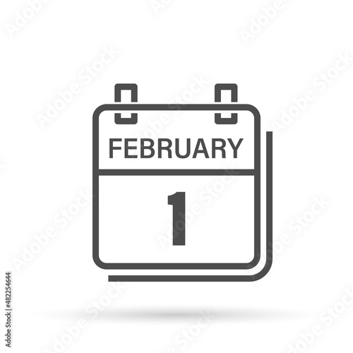 February 1, Calendar icon with shadow. Day, month. Flat vector illustration.