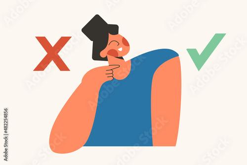 Fact checking woman with myth vs truth check mark. False and fake against true right source. Make choice. Analysis concept with character flat vector cartoon illustration isolated on white background
