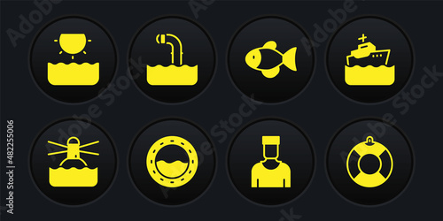 Set Lighthouse, Cruise ship, Ship porthole, Sailor captain, Fish, Periscope, Lifebuoy and Sun icon. Vector