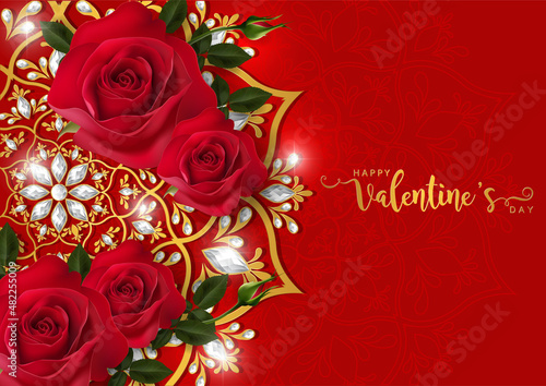 Valentine s day greeting card templates with realistic of beautiful rose and heart on background color.
