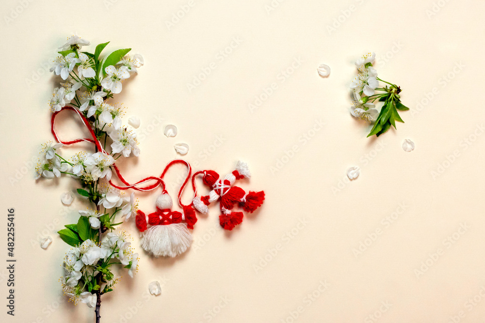 Martisor and cherry blossoms.Symbol of Spring.March 1 Tradition.Copy space  Stock Photo | Adobe Stock