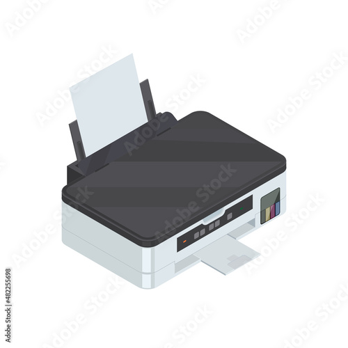 Isometric detailed color inkjet printer icon. Isolated on white.