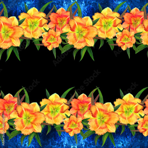 Flowers on a watercolor background. Yellow Daylily. Watercolor wallpaper with floral motifs. Seamless pattern floral watercolor. Watercolor flowers.
