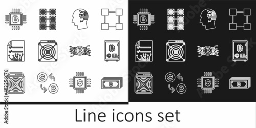 Set line Cryptocurrency bitcoin, Proof of stake, Brain as digital circuit board, ASIC Miner, Smart contract, CPU mining farm, and Mining icon. Vector