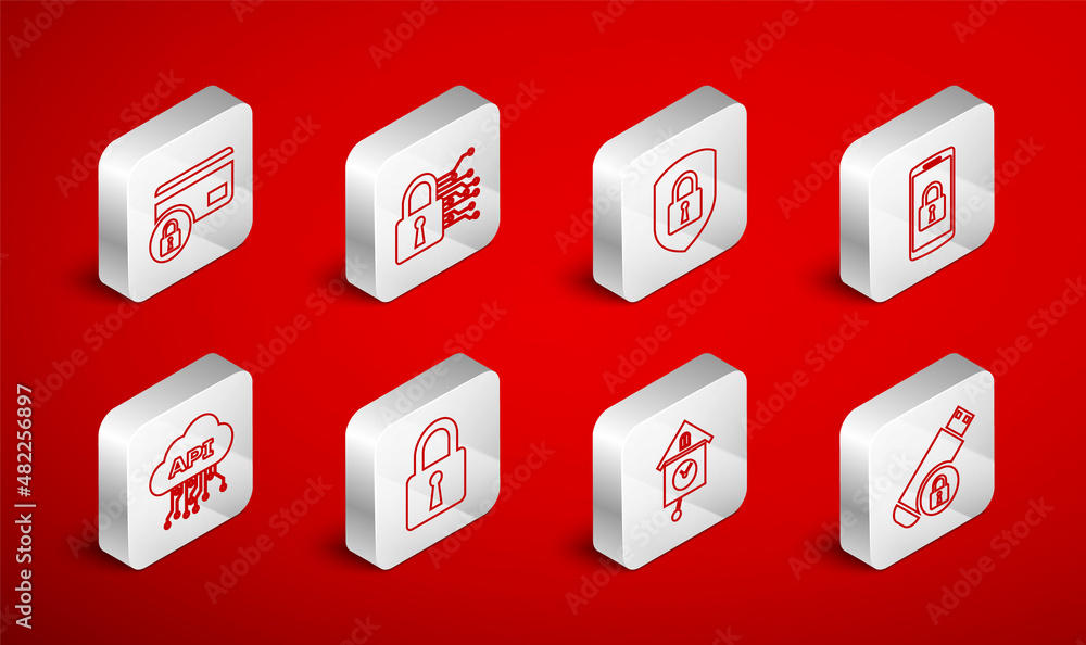 Set line USB flash drive with lock, Cyber security, Shield, Smartphone, Retro wall watch, Credit card, Lock and Cloud api interface icon. Vector Set line USB flash drive with lock, Cyber security, Shield, Smartphone, Retro wall watch, Credit card, Lock and Cloud api interface icon. Vector