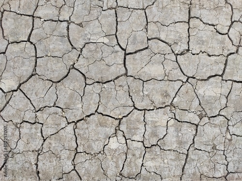 Dry cracked gray ground. Natural background. Chernozem and agriculture in the period of extreme drought. The texture of the desert close up. High quality photo
