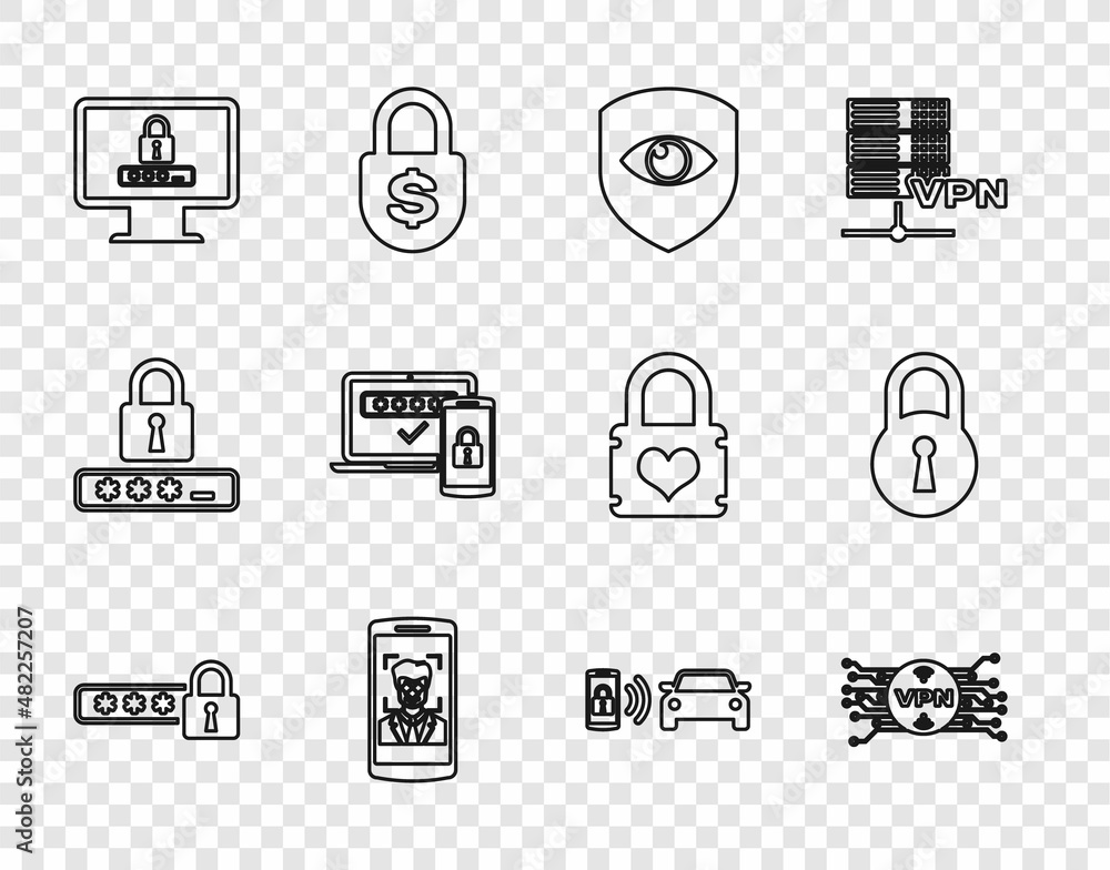 Set line Password protection, VPN with microchip circuit, Shield and eye, Mobile face recognition, Monitor password, Two steps authentication, Smart car alarm system and Lock icon. Vector Set line Password protection, VPN with microchip circuit, Shield and eye, Mobile face recognition, Monitor password, Two steps authentication, Smart car alarm system and Lock icon. Vector