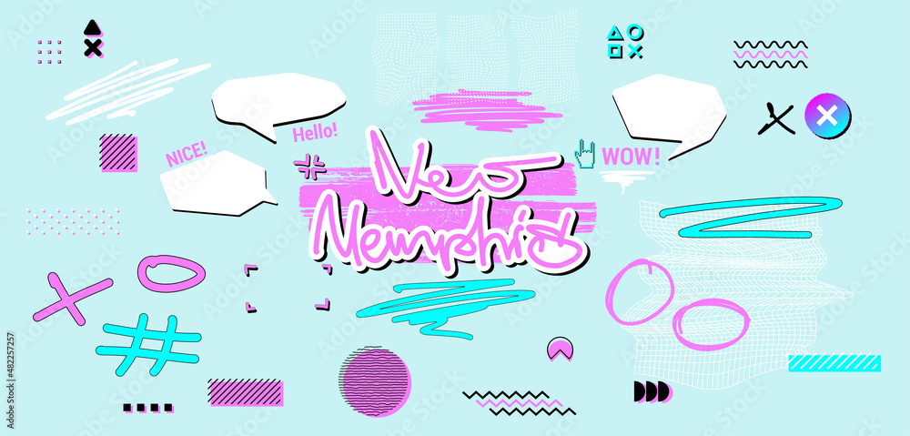Neo Memphis shapes. Abstract geometric shapes from the 90s and 80s. Retro Futuristic, retrowave and vaporwave concept. Bright minimalist elements for a challenging design. Vector elements set