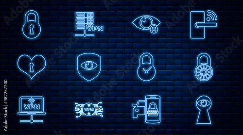 Set line Keyhole with eye, Safe combination lock wheel, Invisible or hide, Shield and, Heart keyhole, Lock, Padlock clock and Server VPN icon. Vector