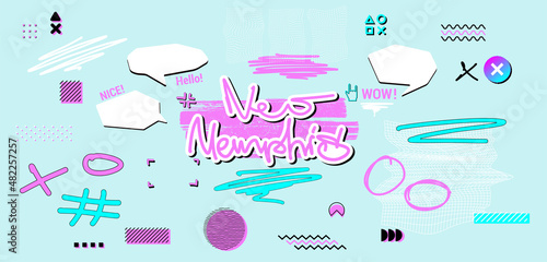 Neo Memphis shapes. Abstract geometric shapes from the 90s and 80s. Retro Futuristic, retrowave and vaporwave concept. Bright minimalist elements for a challenging design. Vector elements set
