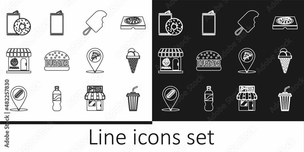 Set line Glass with water, Ice cream in waffle cone, Burger, Pizzeria building facade, Aluminum can soda and donut, Location slice pizza and icon. Vector