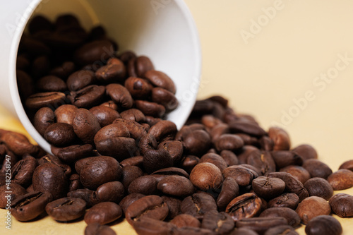 Arabica coffee beans scattered from a white paper cup on a yellow background.