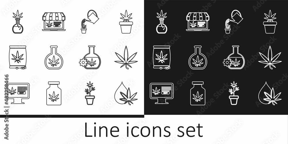 Set line Marijuana or cannabis leaf oil, Watering marijuana, Test tube with, seeds, and Online buying icon. Vector