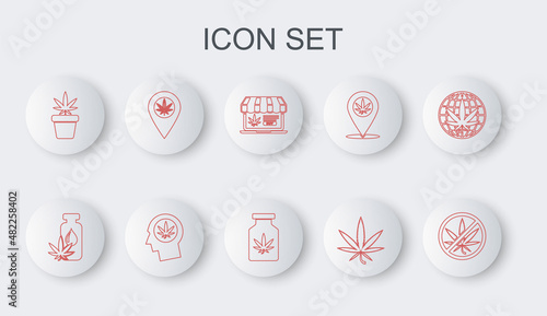 Set line Stop marijuana, Marijuana or cannabis leaf oil, Online buying, plant pot, Location and, Head profile with and Medical bottle icon. Vector