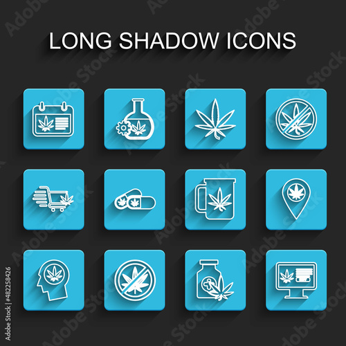 Set line Head in profile with marijuana, Stop, Calendar and, Medical bottle, Online buying, pills, Location and Cup tea icon. Vector