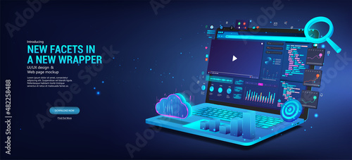 Web development and coding. Software, UI, UX, KIT, programming and design. Blue banner Web coding on laptop. 3D laptop with API program code. Concept online development Software. Vector banner