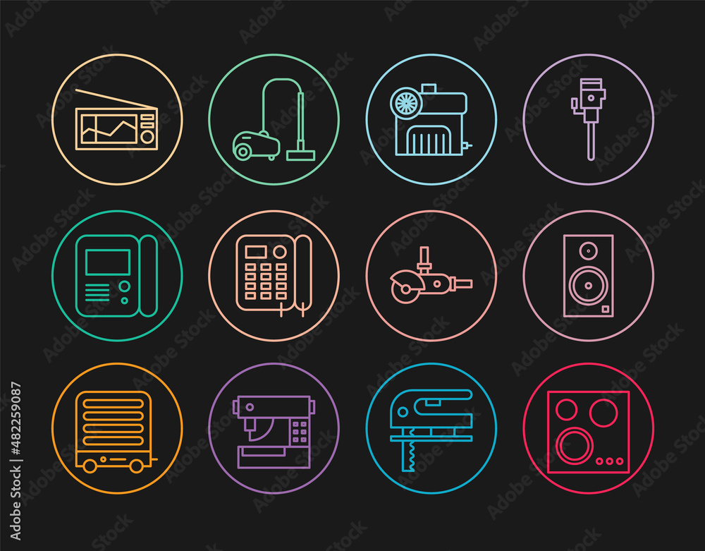 Set line Gas stove, Stereo speaker, Air compressor, Telephone, House intercom system, Radio, Angle grinder and Vacuum cleaner icon. Vector Set line Gas stove, Stereo speaker, Air compressor, Telephone, House intercom system, Radio, Angle grinder and Vacuum cleaner icon. Vector